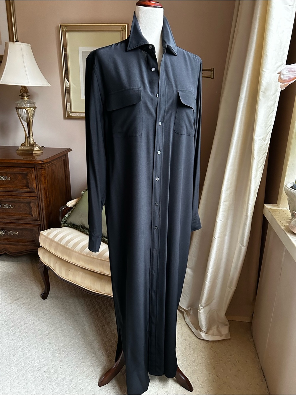 Polo Ralph Lauren Black Mulberry Silk Maxi Shirtdress Size 14